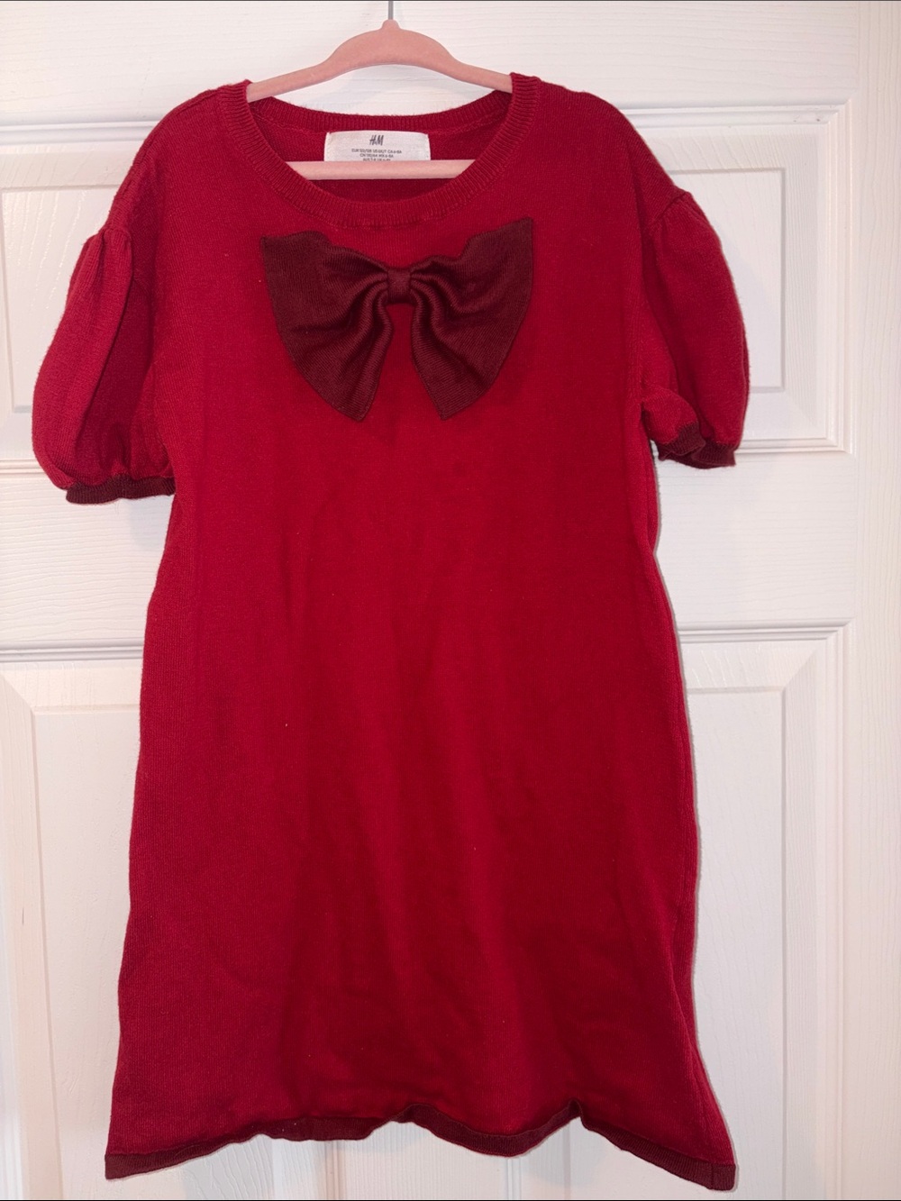 H&M Girls' Red Puff-Sleeve Dress with Bow Accent